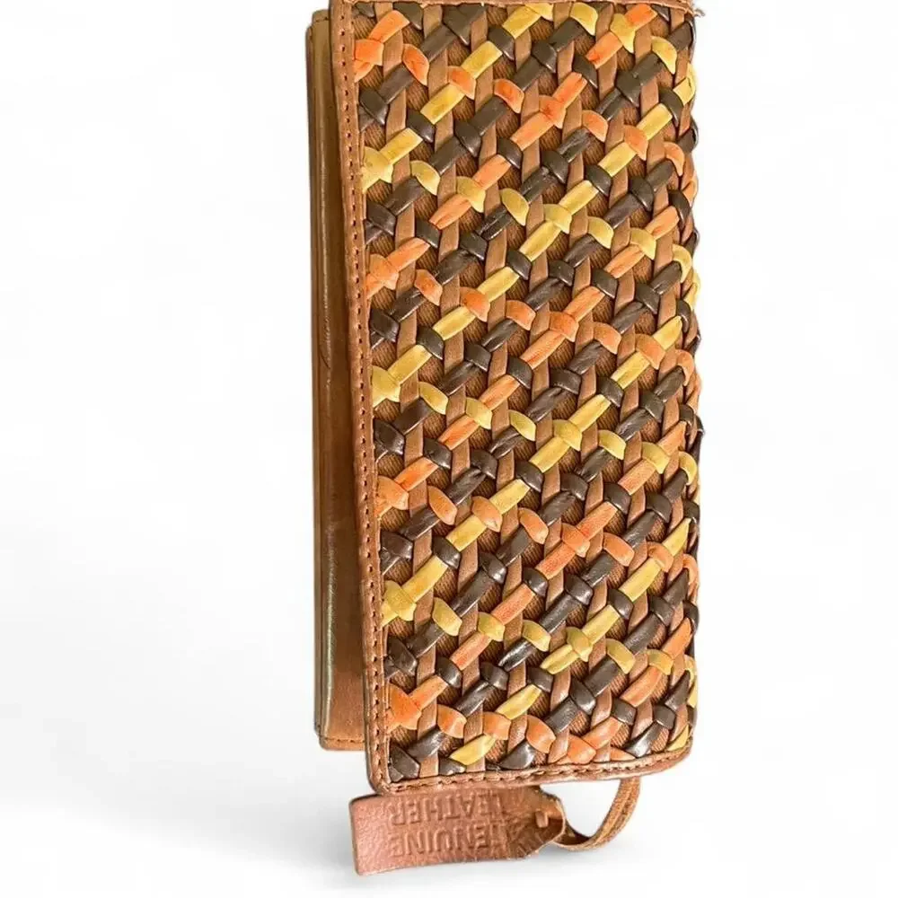 Brown leather wallet with woven